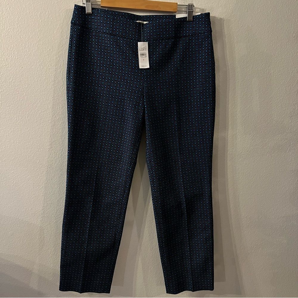 NWT Loft Marisa Ankle Pants Size 8 Black Blue Side Zip Stretch